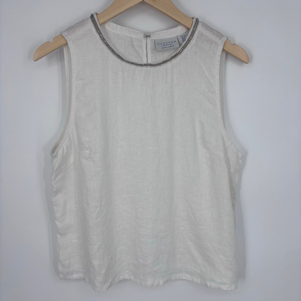 Calypso St. Barth White Linen Beaded Neck Tank Top Women Size L AW31694 Shell